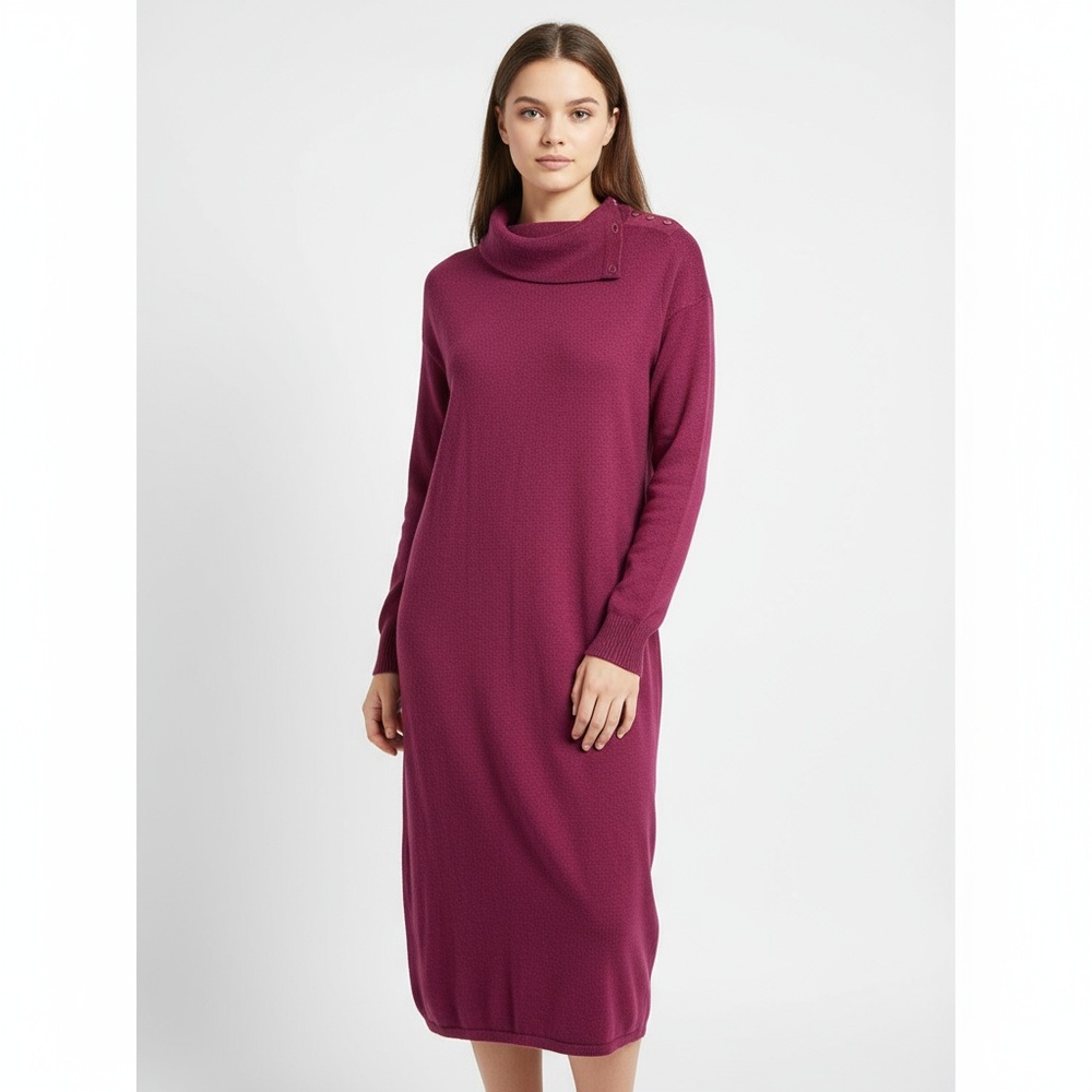 JT Dress Sweater Dress Womens Size Plum Cowl Neck Long Button Accents Cozy Chic